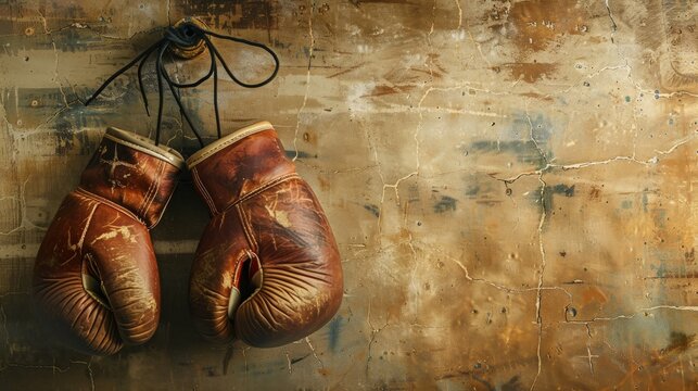 Old red boxing gloves on isolated textured wall, copy space. generative AI image
