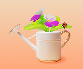 3d Spring Pansies Bouquet with Ladybug Insect in Watering Can Gift or Decor Concept Cartoon Style. Vector illustration