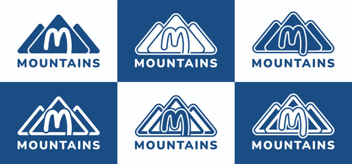 Set of letter M round mountains logo. This logo combines letters and mountain shapes. Suitable for nature lovers, hiking shops, outdoor tool shops and the like.