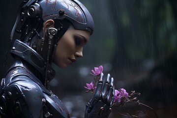 Futuristic robot girl enjoying the scent of fresh flowers in a field after the rain