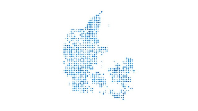 Denmark dotted digital map. Map of Denmark with pulsating colored circles. Shape of the country filled with blue disks. Attractive video.