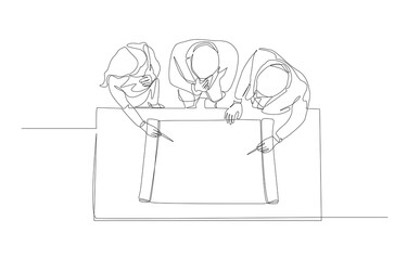 Continuous one line drawing of business people discussing about blueprint paper on table from top view, business discussion, project planning concept, single line art.