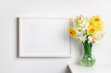 Blank horizontal frame mockup in white interior