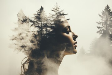 Fototapeta premium Double exposure portrait of woman with forest background, creative composition for art projects