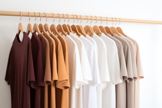 A clothing rack displays fashionable clothes in a bright and colorful closet, featuring pastel minimal color choices of trendy female wear on hangers.