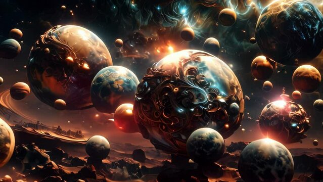 Video animation of fantastical scene in space, where multiple planets and celestial bodies perform an otherworldly dance. These cosmic dancers vary in size and exhibit intricate surface details