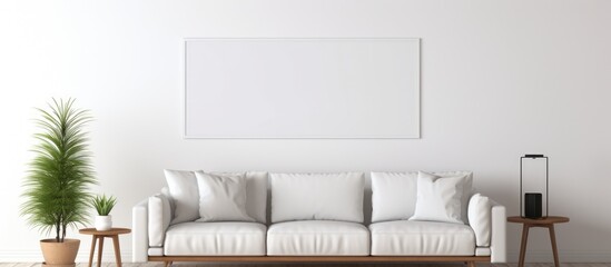 Minimalist living room with a blank poster mockup for displaying graphic ads.