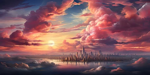 Kussenhoes Cityscape Enveloped by Clouds at Sunrise Generative AI © j@supervideoshop.com