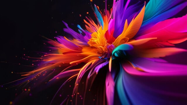 Video animation of colorful abstract representation of a blooming flower. The core of the flower is bright yellow and orange with dynamic lines emanating from it to represent energy or radiance