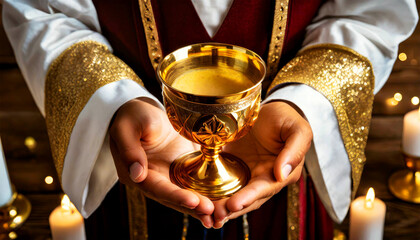 Extreme closeup of the hands of a priest holding a golden chalice, cup of wine (blood of Christ), symbolizing the holy sacrament of Communion in Christianity and the connection with God. Generative Ai - obrazy, fototapety, plakaty