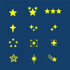 Stars flat line icons set. Starry night, falling star, firework, twinkle, glow, glitter burst vector illustrations. Outline signs for glossy material property. Pixel perfect. Editable Strokes.
