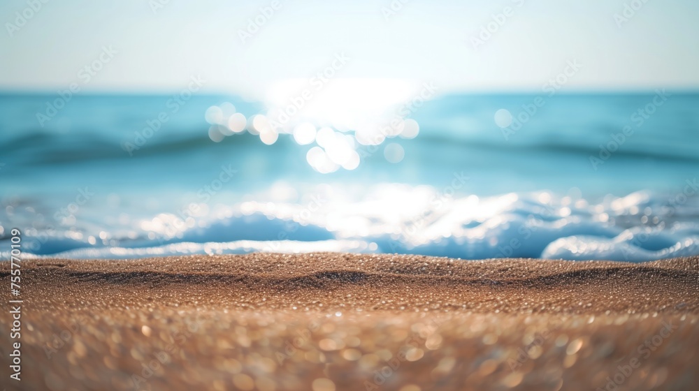 Poster Natural blurred defocused background for concept summer vacation. Nature of tropical summer beach with rays of sunlight. Light sand beach, ocean water sparkles against blue sky, generative ai - Posters
