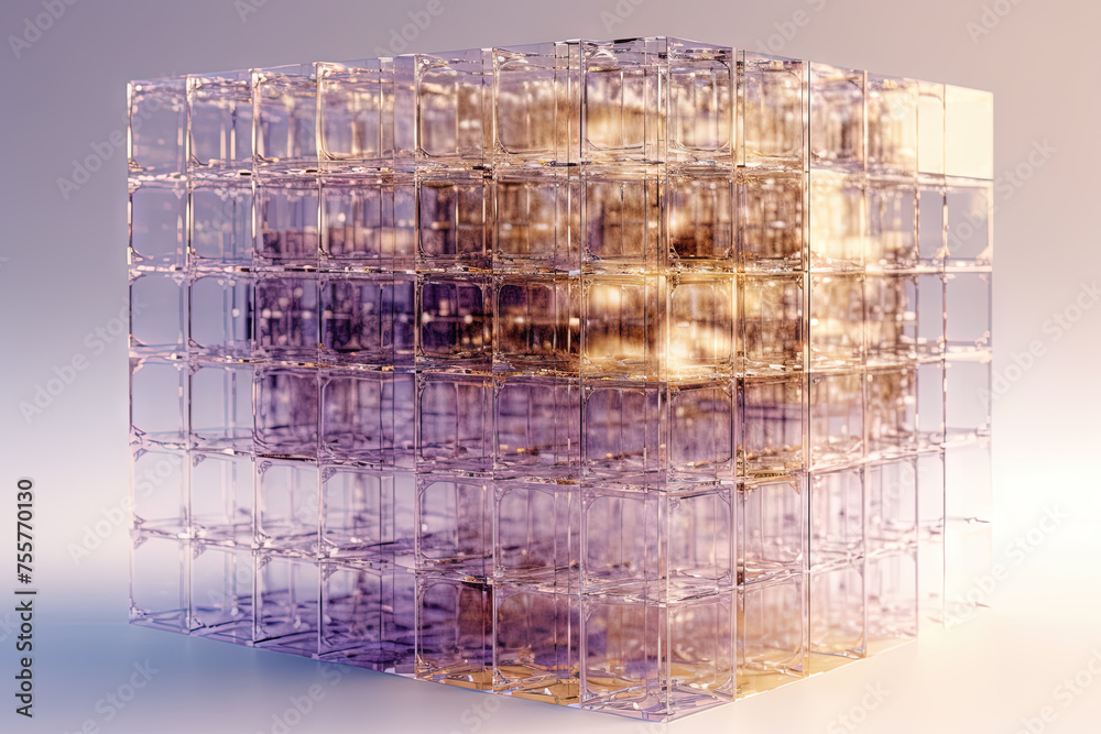 Poster Ethereal geometric sculpture with a cube shape. Shiny crystal cube structure with vibrant colors in vaporwave and y2k style.