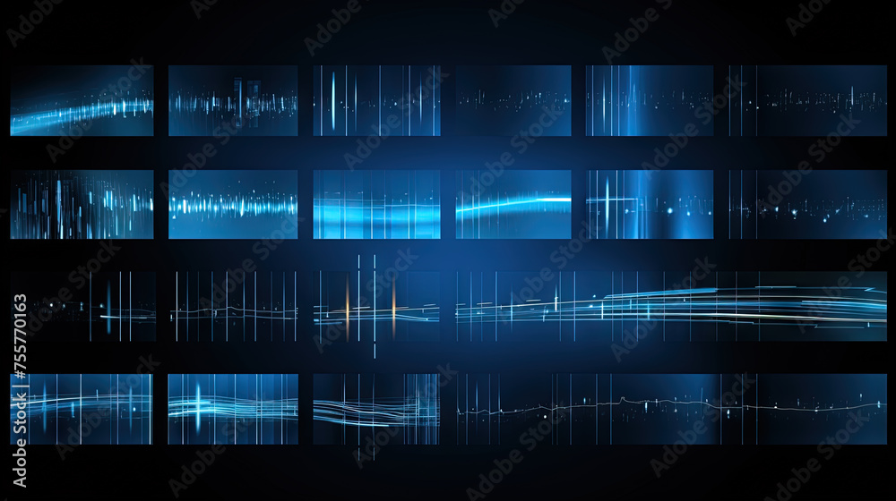 Poster business abstraction with infographics style data blocks in blue glowing lights.