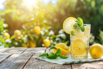 Fresh lemonade with lemon, mint and ice on the wooden table top, sunny lemon tree orchard in the background, copy space