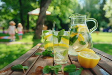Fresh homemade lemonade with lemon, mint and ice on the table in the garden, happy children playing in the background