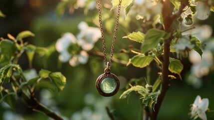 Fototapeta premium An antique locket necklace hangs delicately among blooming spring flowers in soft sunlight.