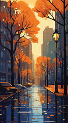 Autumn city with trees falling yellow leaves. Vector illustration.