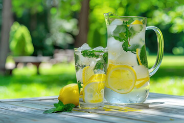 Fresh homemade lemonade with lemon, mint and ice on the table in the garden