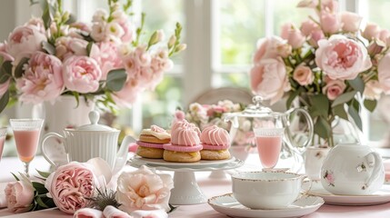 Obraz na płótnie Canvas A refined table setting for afternoon tea, featuring delicate pink pastries, fine china, and a lush bouquet of pink roses by a bright window.