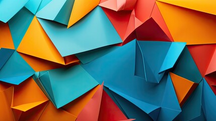 Orange and blue origami paper art. Detailed geometric paper folds. Abstract design concept for creative backdrop and decorative print