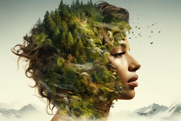 Double exposure portrait of young woman with tranquil forest landscape background