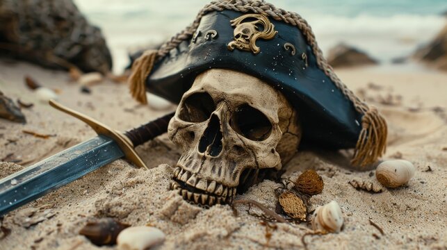 Lost at sea Captains skull adorned with hat and sword ashore sandy beach