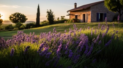 Obraz premium Pension overlooking fields of wildflowers and serene natural beauty