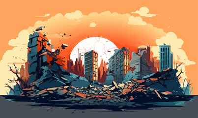 destroyed city demolished buildings vector flat isolated illustration