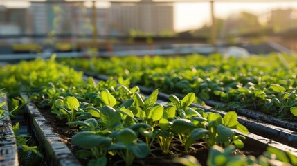A rooftop farm thriving in a bustling city, showcasing sustainable urban agriculture 