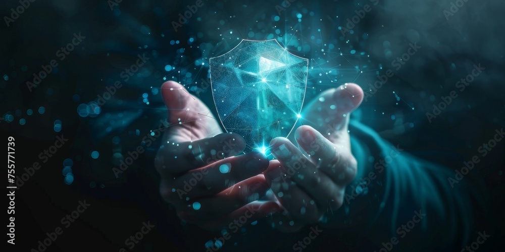 Wall mural the concept of digital safety materialized as a shimmering shield in hands emphasizing the need for 
