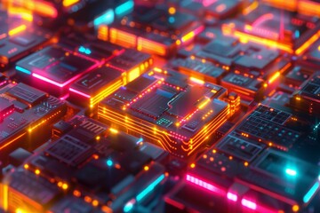 Obraz premium Supercomputer chips with neon tracers