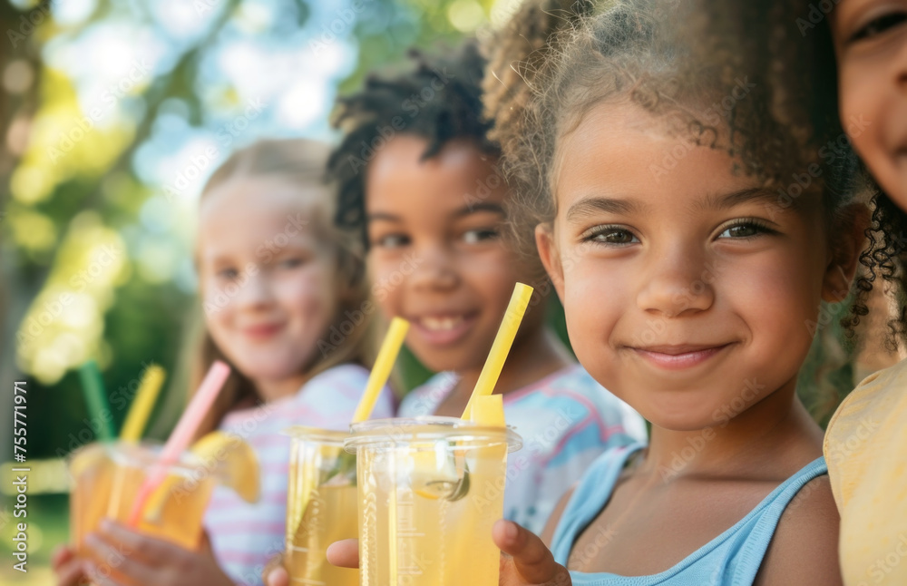 Wall mural Group of mix raced children holding natural lemonade in park