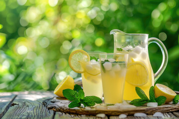 Fresh homemade lemonade with lemon, mint and ice on  the table in the garden