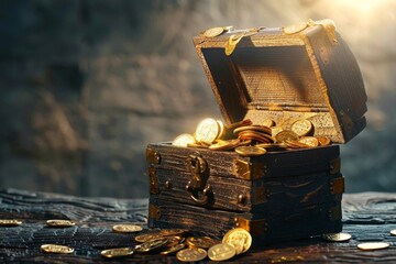 Vintage treasure chest bursting with golden coins a fortune untold - obrazy, fototapety, plakaty