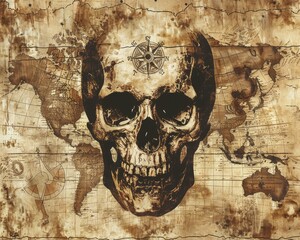 Vintage pirate skull overlaid with a treasure map