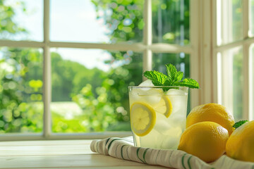 Fresh homemade lemonade with lemon, mint and ice on the kitchen table next to the window