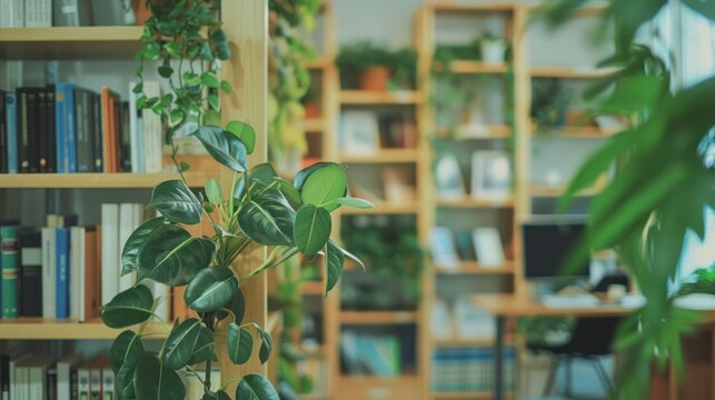 A Zoom Background Photo Of A Minimalist Modern Office With A Bookshelf And Plants,