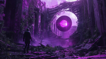 In a post-apocalyptic wasteland, survivors seek refuge in a hidden oasis guarded by a sentient AI with glowing violet eyes, offering protection to those deemed worthy.