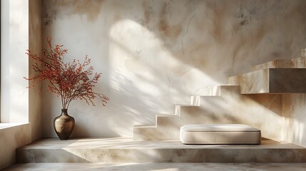 Serene Space with Staircase and Vase in Soft Sunlight