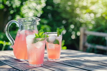 Fresh homemade pink lemonade with strawberries, lemon, mint and ice on the table in the garden