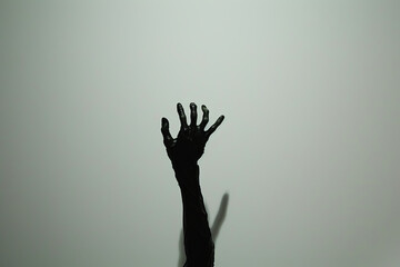 The silhouette cast by a zombie's hand emerges starkly against a plain white backdrop.