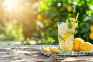 Fresh lemonade with lemon, mint and ice on the wooden table top, sunny lemon tree orchard in the background, copy space