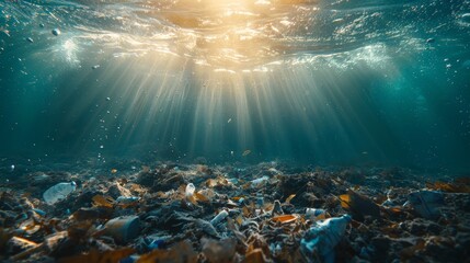 Trash contaminated ocean water under bright light highlighting pollution issue - obrazy, fototapety, plakaty