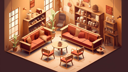 Isometric cafe interior with chairs and sofa. Cozy coffeeshop room.