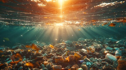 Trash contaminated ocean water under bright light highlighting pollution issue - obrazy, fototapety, plakaty