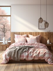A bedroom with a bed, nightstands, and a window