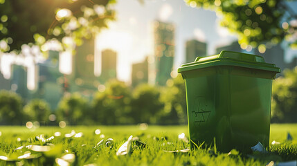 Portrait of green trash can recycle bin on green city background, saving environment concepts, 