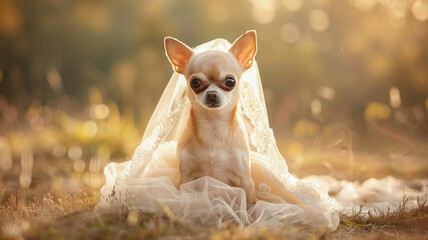 Chihuahua in a fairy-tale bridal gown tiny and enchanting - obrazy, fototapety, plakaty