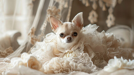 Chihuahua in a fairy-tale bridal gown tiny and enchanting - obrazy, fototapety, plakaty